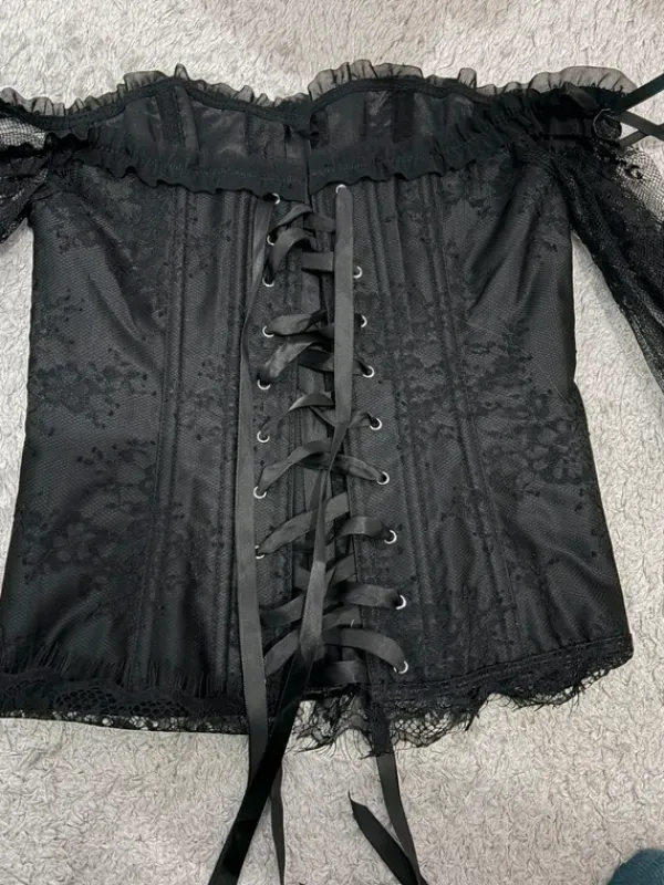 Online Gotycki gorset z koronkowymi rękawami wiązany przebranie overbust M goth