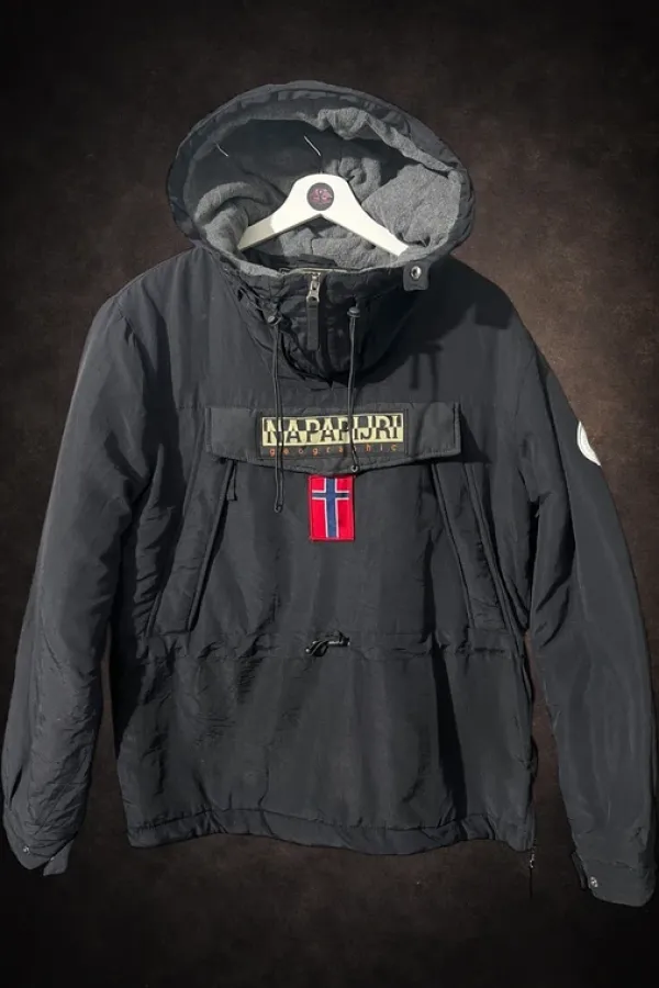 Vintage Napapijri Geographic Expedition Winter Jacket Black Hooded Anorak Y2K Size M